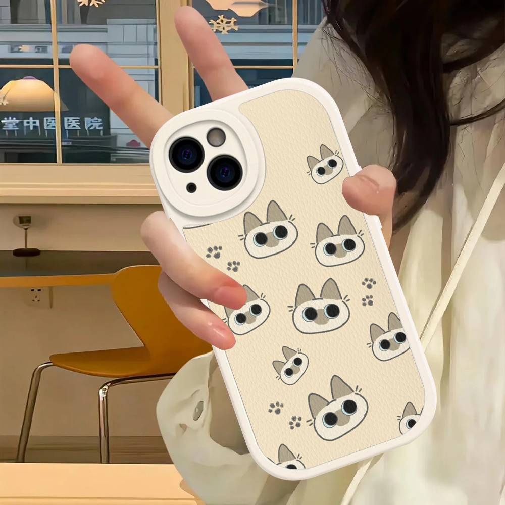 Cartoon Siamese Cat Couple Phone Case for iPhone 16 15 14 11 12 13 Pro Max Plus Back Leather Shell