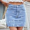 Women High Waist Hole-ridden Package Hip Jean Denim Skirt