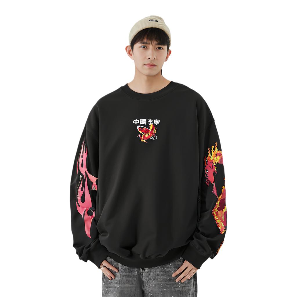 Li Ning Daily Prosperity Series Dragon Year Dragon Totem Pattern Свободный пуловер свитшот для мужчин, черный AWDU333-2