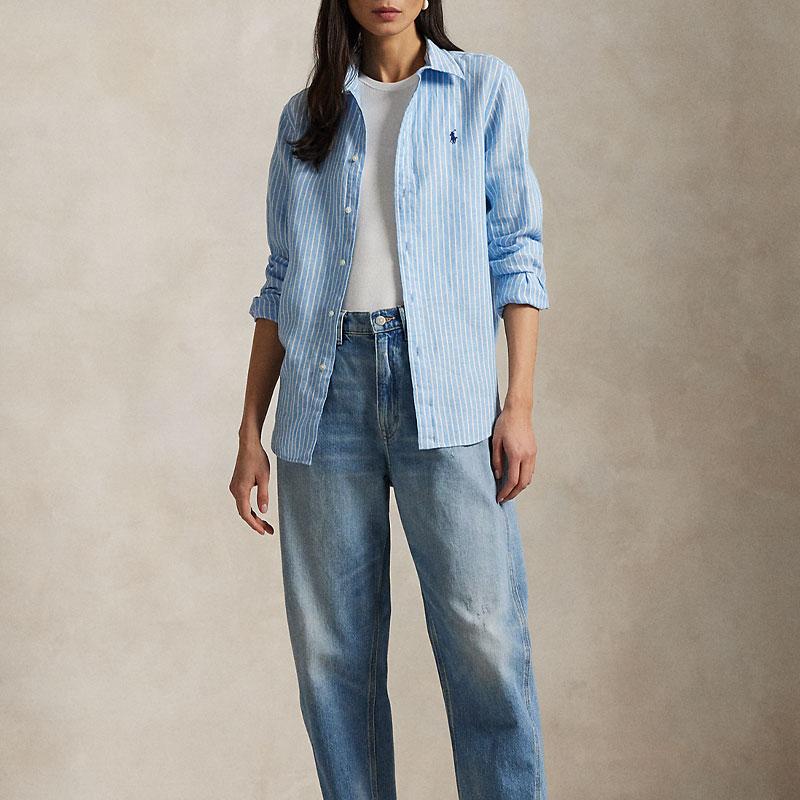 Классическая полосатая льняная рубашка поло Polo Ralph Lauren с вышивкой пони Женская рубашка Синяя WMPOSHTNDO20749-400