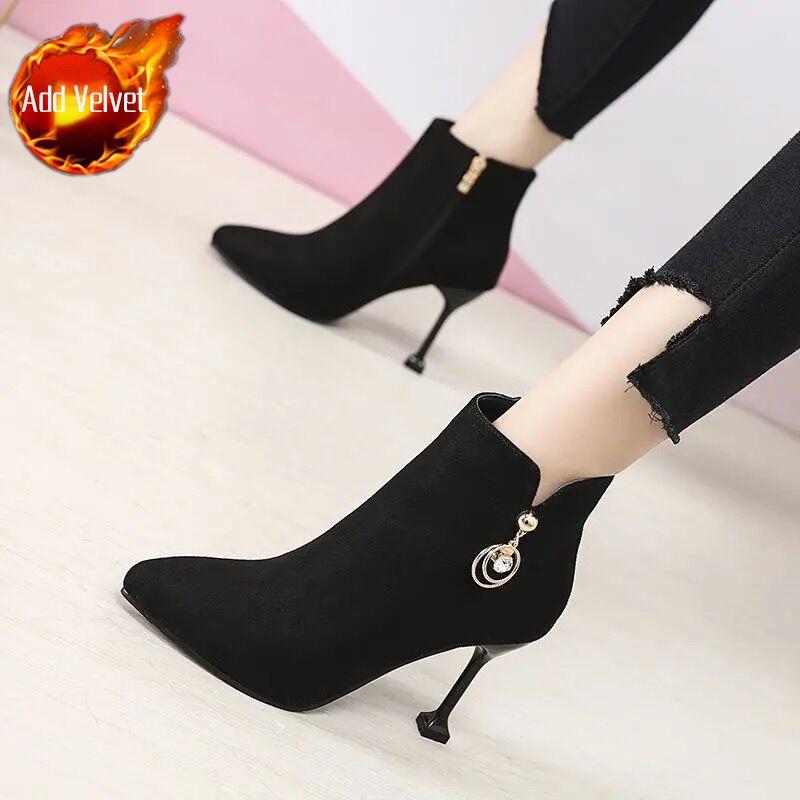 Black Pointed Toe Rhinestone Woman Short Shoes Autumn Winter Fleece-Lined Heeled Ankle Boots for Women New in Trend 2026 Booties