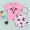 Летняя футболка с принтом коровы для маленьких девочек + полосатые шорты + повязка для волос, комплект из 3 предметов, одежда для детей 0-24 месяцев