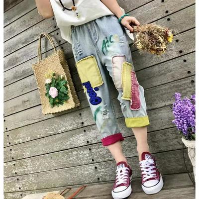 Большие размеры, эластичный пояс с вышивкой, новые джинсы для женщин, летние свободные шаровары, весенняя повседневная корейская модная одежда