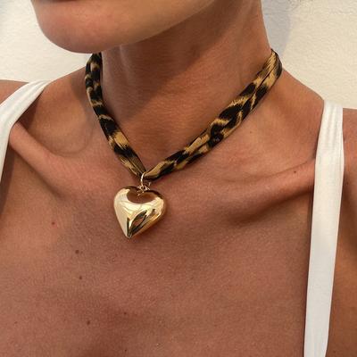 Ailodo Goth Big Heart Подвеска Ожерелье Для Женщин Винтаж Леопардовый Полиэстер Ткань Цепь Заявление Ожерелье Модные Ювелирные Изделия Подарок