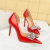 Fashion Banquet Heels Shallow Mouth Pointed Toe Side Hollowed Out Patent Leather Rhinestone Bow Single Shoe Women Elegant Fashion