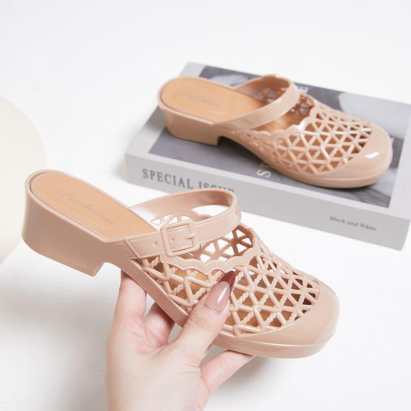 New Hollowed Out Baotou Slippers for Fashionable Outerwear Non Slip Lightweight Square Heel Versatile Cool Slippers for Women In Summer