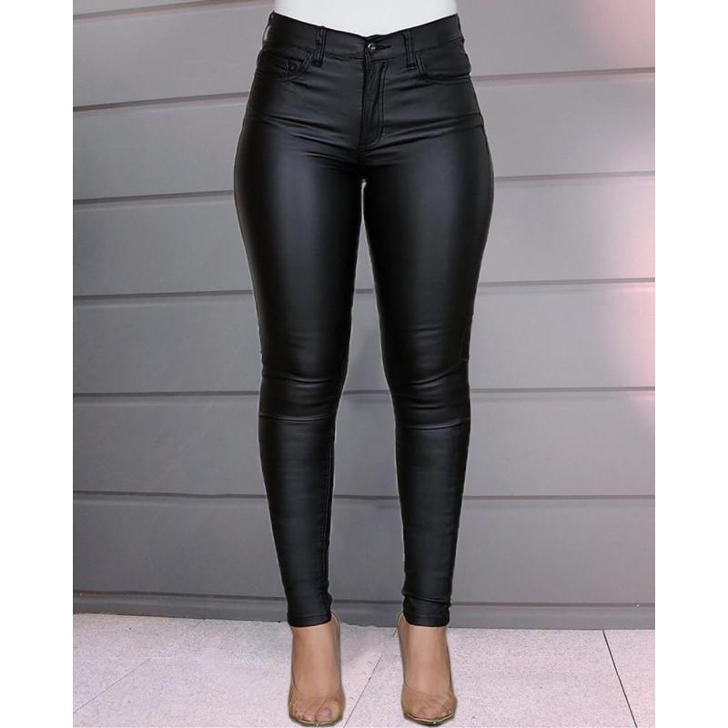 Womens PU Leather Slim Fit Pants Winter Casual Sexy Trousers