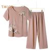 2 шт./компл., женская футболка, брюки, комплект домашней одежды, однотонный цветочный принт, круглый вырез с коротким рукавом, топ с широкими штанинами и эластичной резинкой на талии, свободные брюки, пижамы