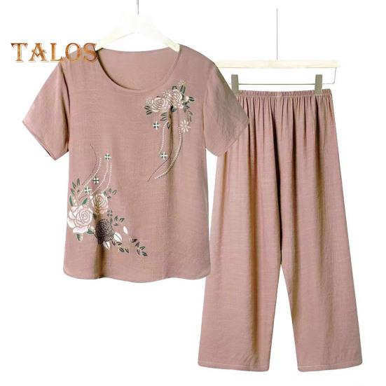2 шт./компл., женская футболка, брюки, комплект домашней одежды, однотонный цветочный принт, круглый вырез с коротким рукавом, топ с широкими штанинами и эластичной резинкой на талии, свободные брюки, пижамы