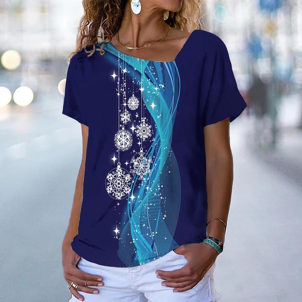 Christmas Theme 3d Print T Shirts For Women Short Sleeve Tees Summer Fashion Ladies Y2k Clothing V-Neck Oversized Pullover Tee