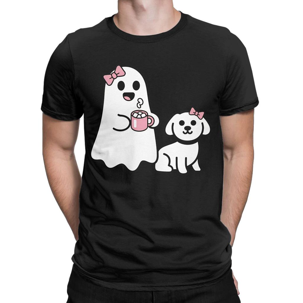 Funny Ghost Walking Dog Funny 100 Cotton Tshirt Ghost Coffee Golden Doodle Dog Halloween Tops Tees For Unisex