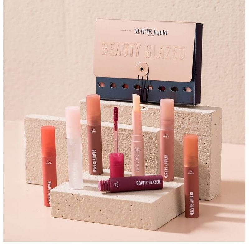 BEAUTY GLAZED - Набор из 8 штук: Матовая жидкая помада + Масло для губ + Бальзам для губ