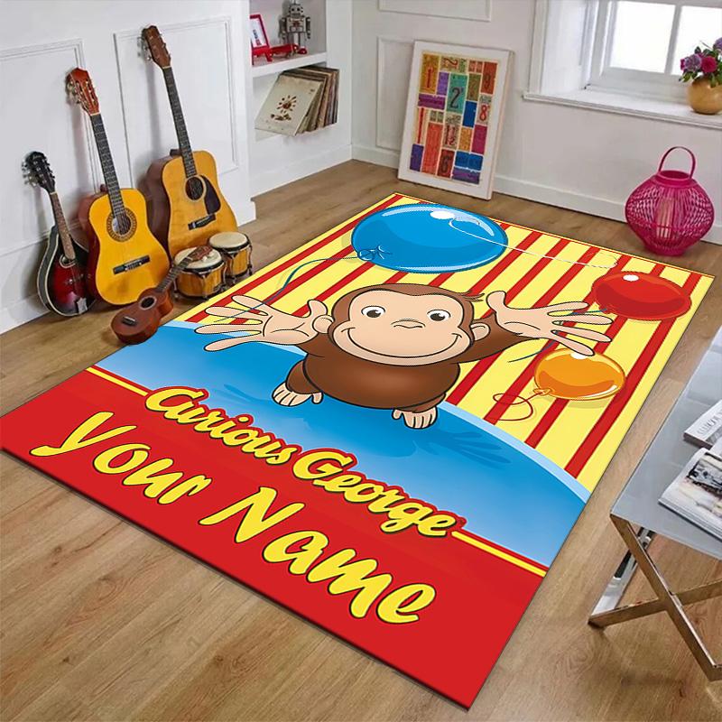 Custom Curious George Mat Personalized Name, Polyester Washable Indoor Entryway Rug, Gift for Christmas, Easter, Thanksgiving Day