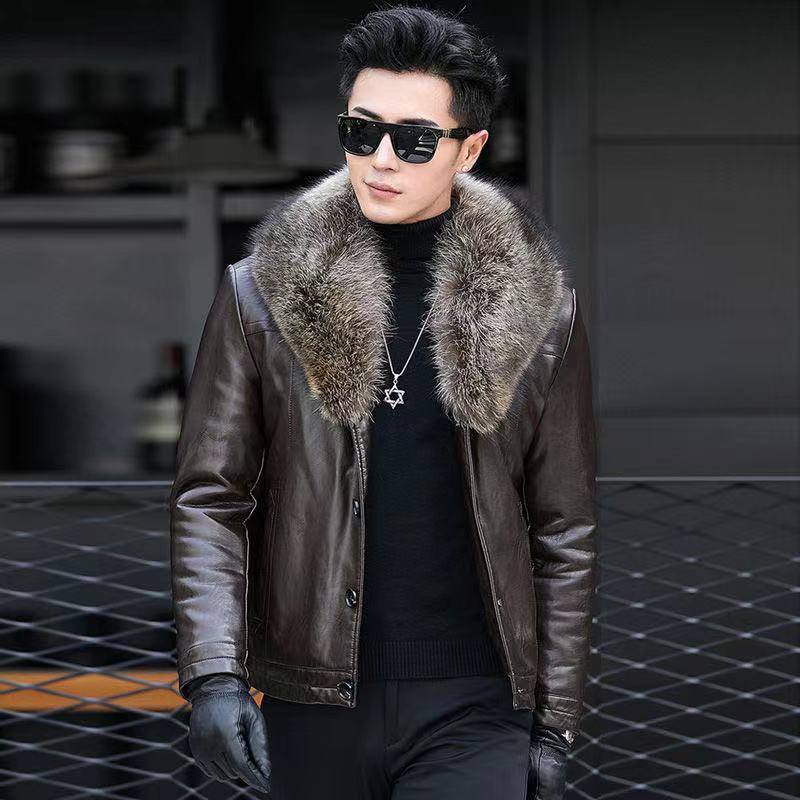 Мужская шуба из меха со съемным воротником из меха енота, модная утепленная зимняя кожаная куртка, мужская кожаная куртка