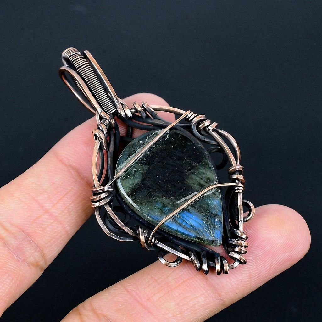 Labradorite Pendant, Handmade Gemstone 999 Copper Wire Wrapped Pendant Antique Jewelry, For Gift Silver Jewelry