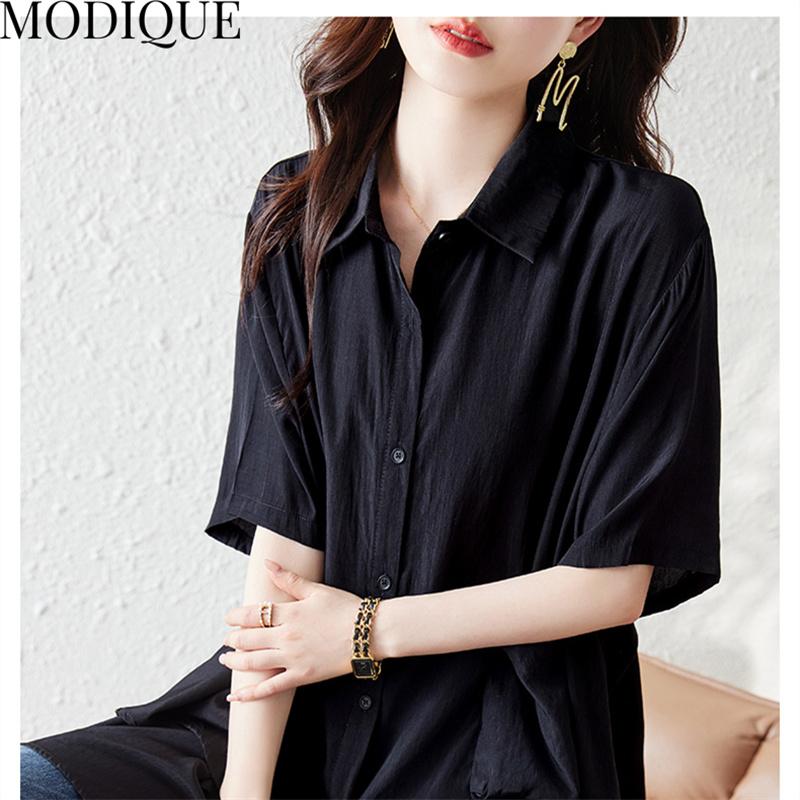 MODIQUE, летняя женская хлопково-льняная блузка больших размеров, однотонные летние пальто, поло большого размера с открытой строчкой, с коротким рукавом и короткими пуговицами