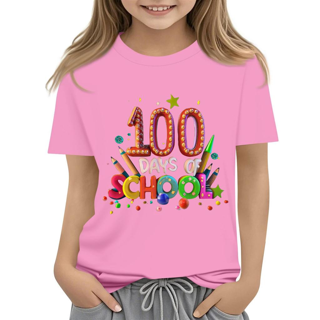Happy 100th Day Of School Girls Boys Short Sleeve T Shirts Kids Tops Crewneck Tees