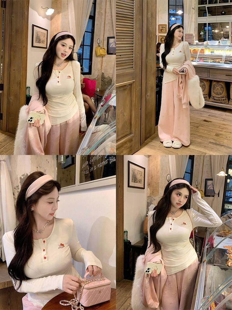 Annie's Kitty Embroidery Waist-Cinching Knit T-Shirt for Plus-Size Women - Slimming Long-Sleeved Top