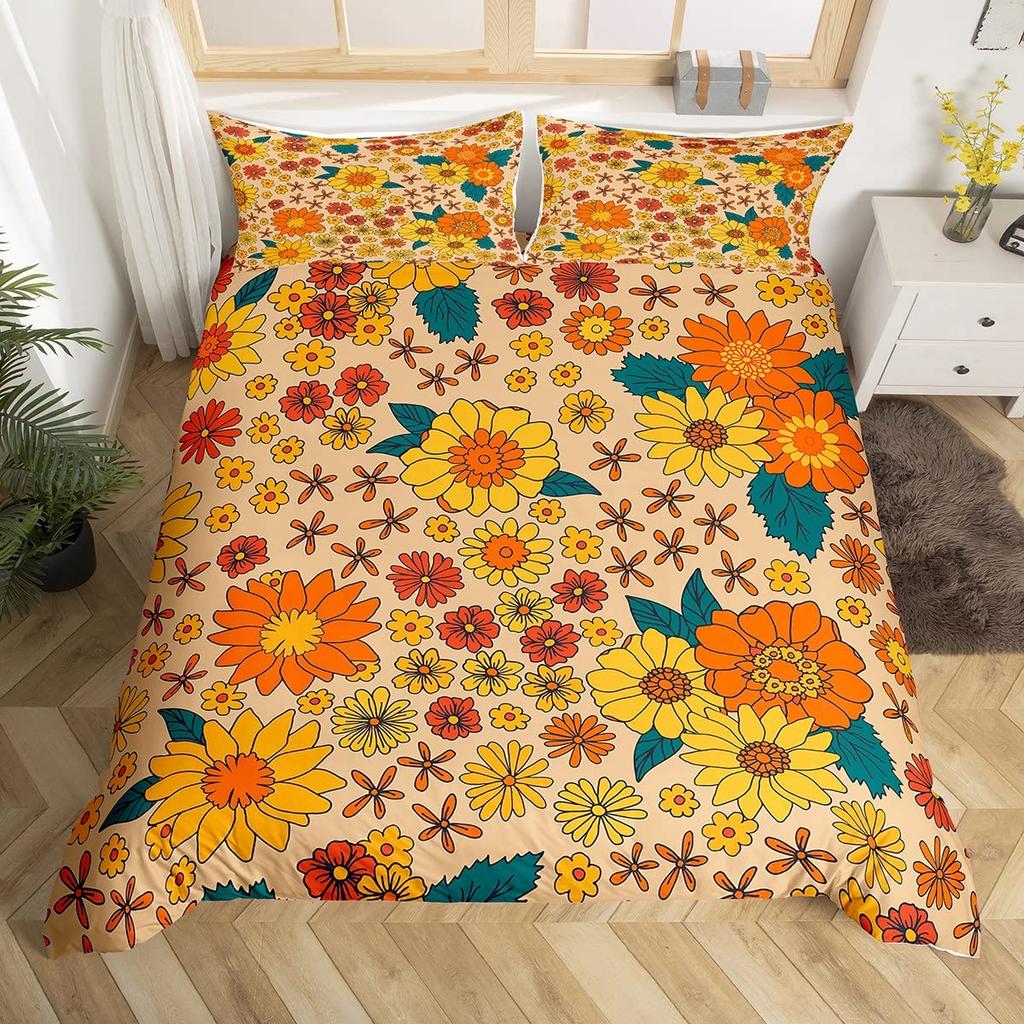 Comforter Retro Flowers Watercolor Yellow Floral Green Leaves Plant Comforter And 2 S Trippy Style Bedding Set