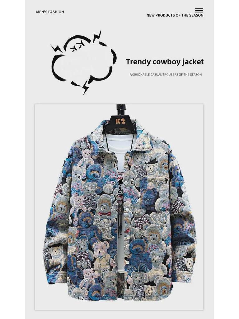 Мужская джинсовая куртка свободного кроя с рукавом три четверти — свободный крой, модный и прочный жаккардовый дизайн.