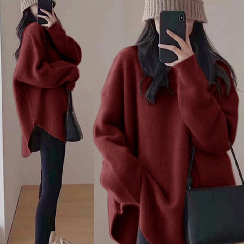 Женский осенне-зимний длинный пуловер, свитер с круглым вырезом и длинными рукавами, свободная вязаная нижняя рубашка, однотонный топ