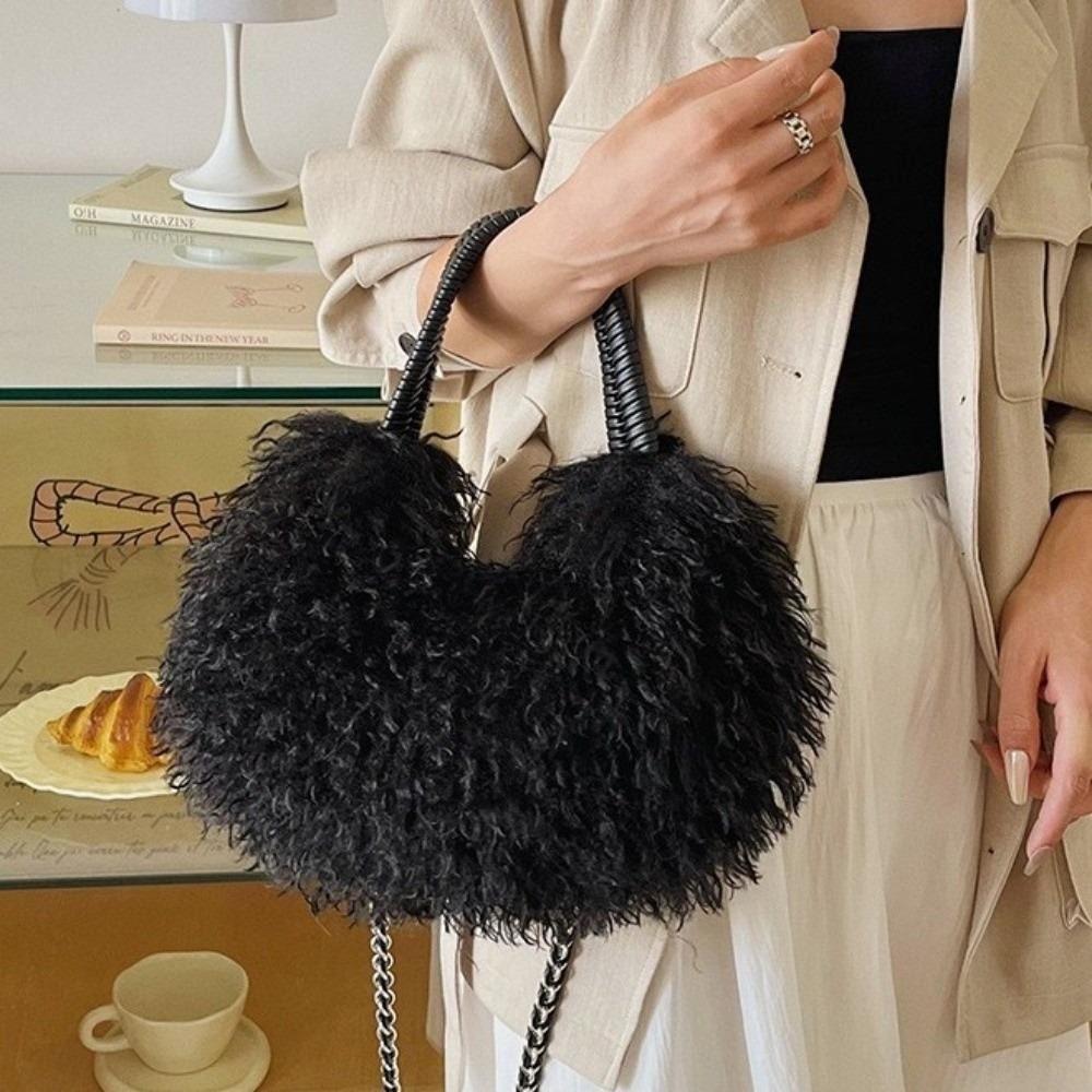 Woven Handle Shoulder Bag Metal Chain Handbag Casual Curly Faux Fur Crossbody Bag  Winter