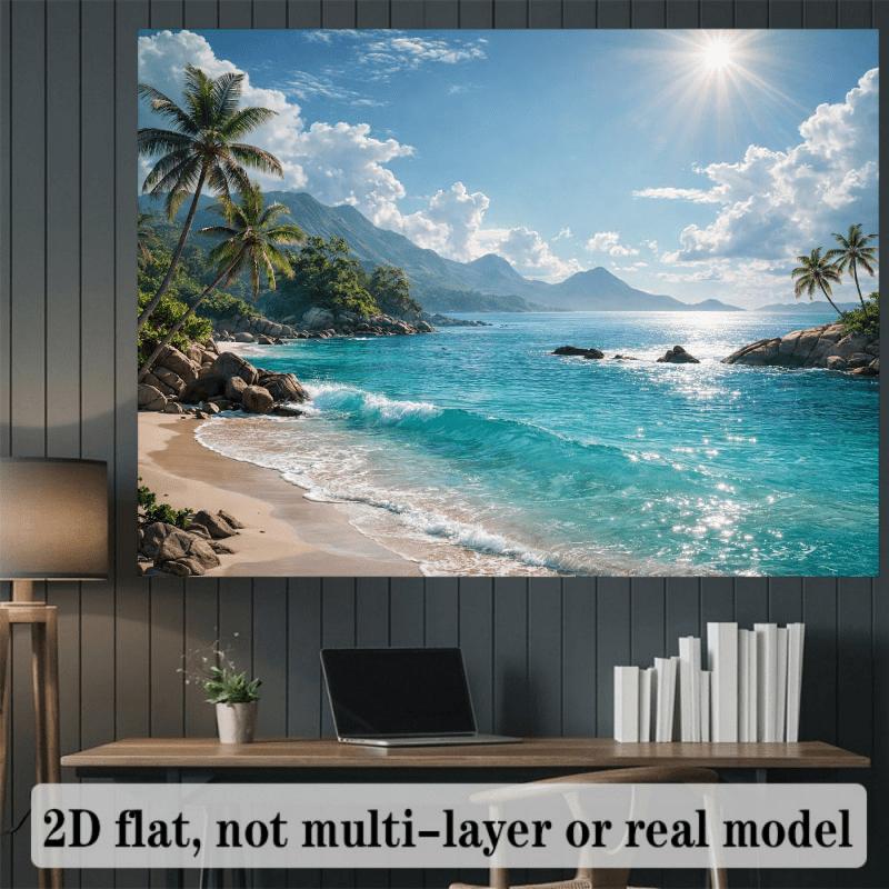 2D flat natural landscape banner background fabric - Tropical bay theme, featuring rainbows, waterfalls and coconut trees