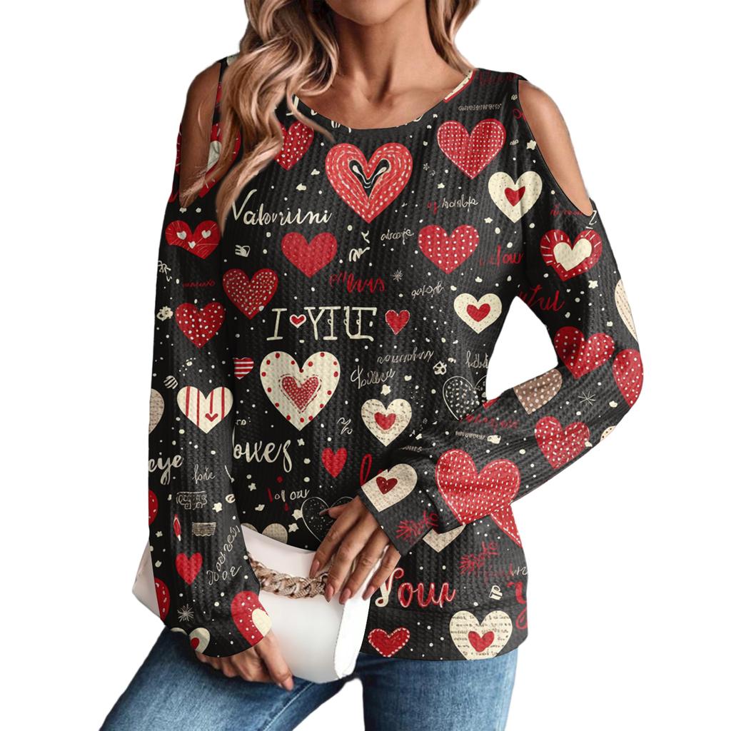 Women's Winter Oversized T-Shirt Fashionable Off-the-Shoulder Round Neck Vintage Floral Print Pullover Long-Sleeved Top