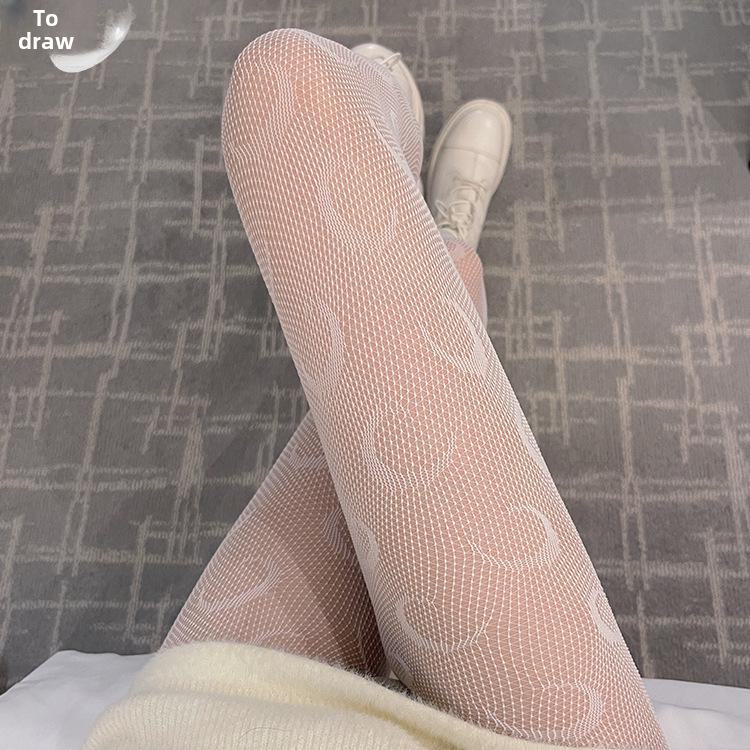 Women's Sheer Fishnet Stockings - Polka Dot & Heart Pattern, Sexy Black & White Options, Large Sizes Available for Spring & Autumn