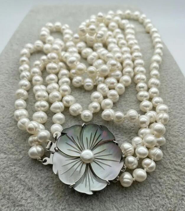 3Rows 7-8mm Cultured Real White Pearl Necklace Shell Flower Clasp