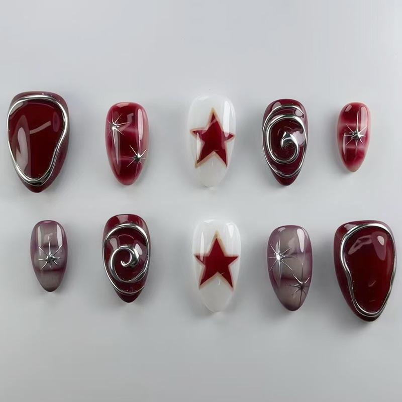 24Pcs 3D Green Ripple Cat Eye French Almond Fake Nails Leaf Pattern Removable Press On Nail Tips