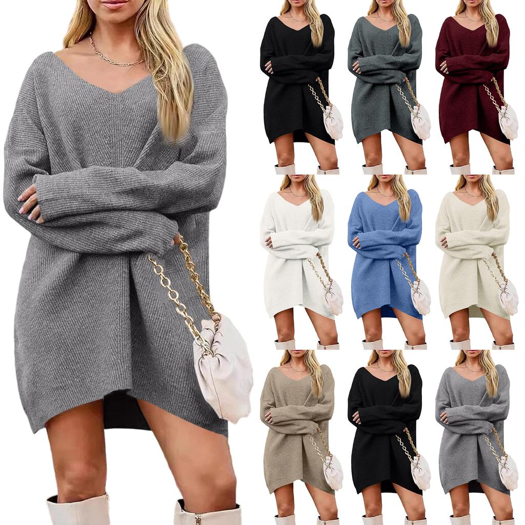 Women's Fashion Casual V-neck Long Sleeve Rib Knitted Sweater Dress