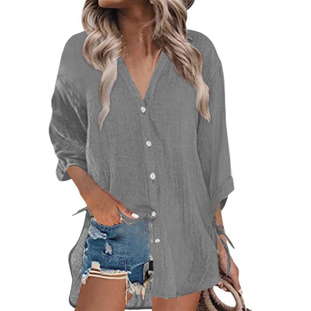 Женские хлопковые рубашки на пуговицах с рукавами 3/4, летние кардиганы с неровным краем и пуговицами