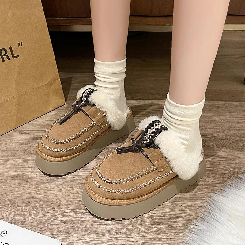 Fashion Women's Fashion Baotou Slippers Winter New Round Head Suede Deep Mouth Thick Sole Anti-slip Wear-resistant Flat Shoes