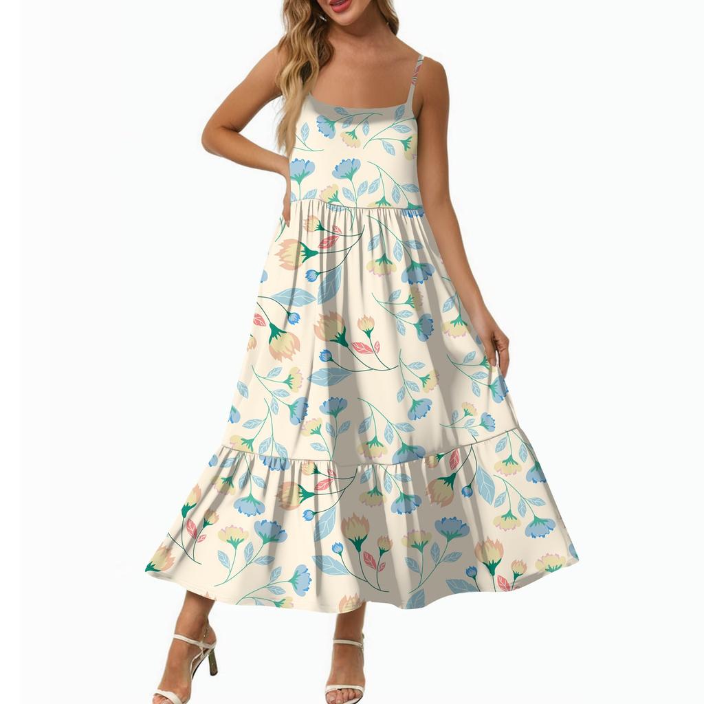 Women's Long Beach Casual Elegant Spaghetti Strap Maxi Dress Floral Low-key Flowing Bohemian Dress