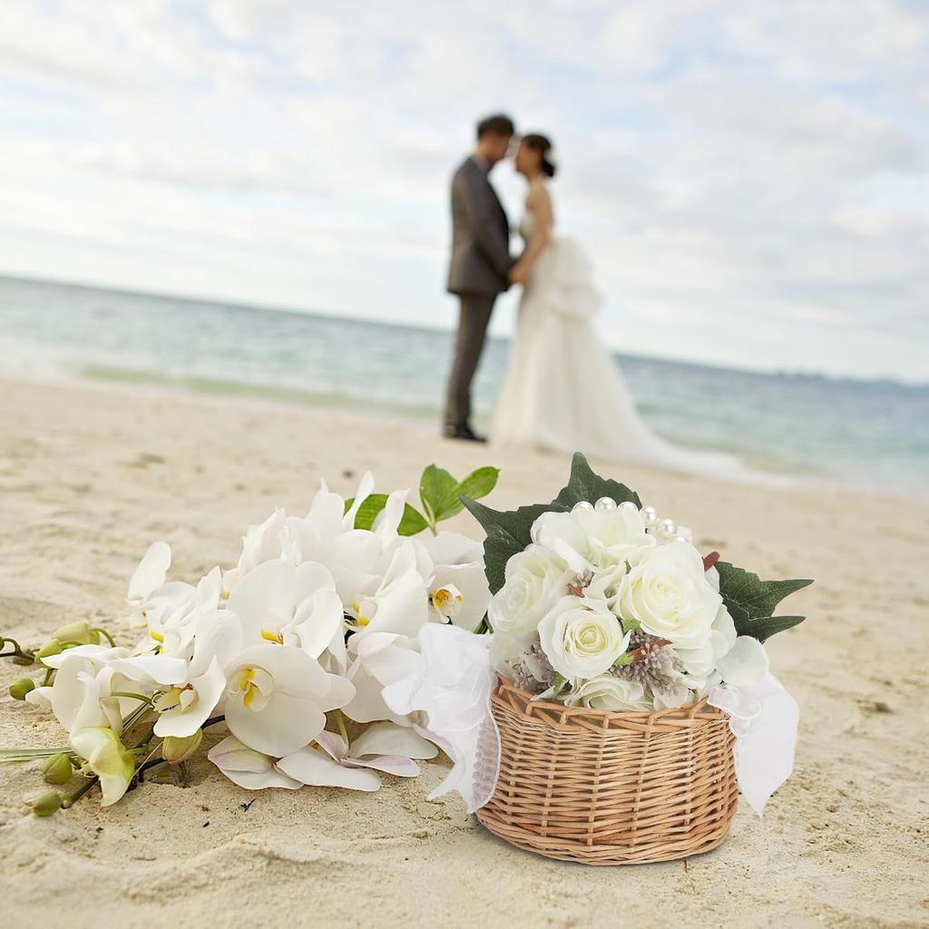 Elegant Wedding Flower Girl Basket with Pearl Handle and Ribbon Bow, Bowknot Satin Flower Basket for Wedding, Rustic Handwoven Wicker Flower, (1PCS)