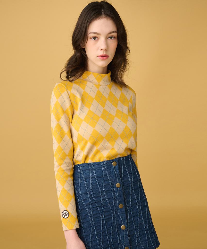 DEAR,PEER Argyle High-Neck T-Shirt Yellow