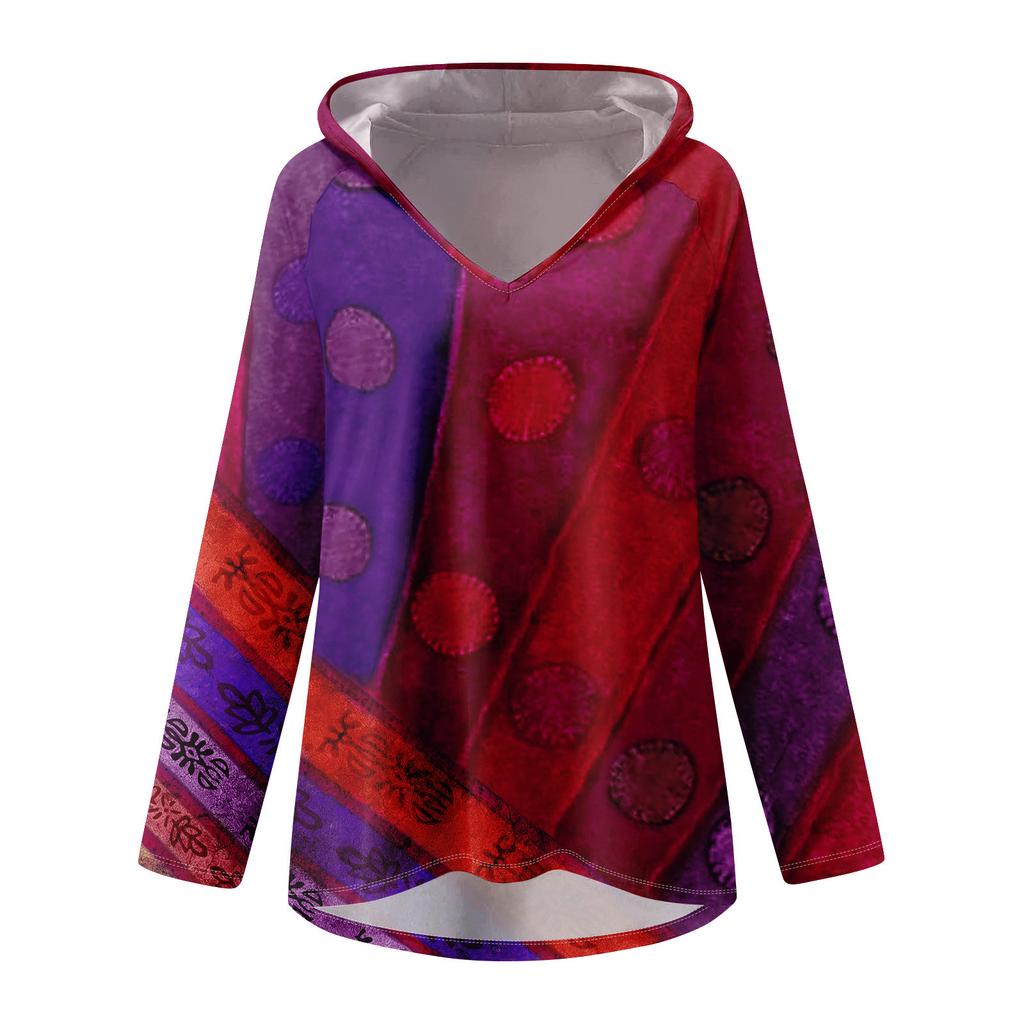 Women's V-neck Hooded Loose Long-sleeved Tops Casual Tops Home Leisure Pajamas Tops