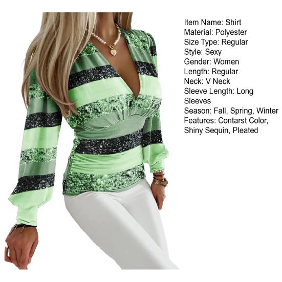 Соответствующий мягкий пуловер с длинными рукавами большого размера с V-образным вырезом и длинными глубокими рукавами в полоску и блестками, OL