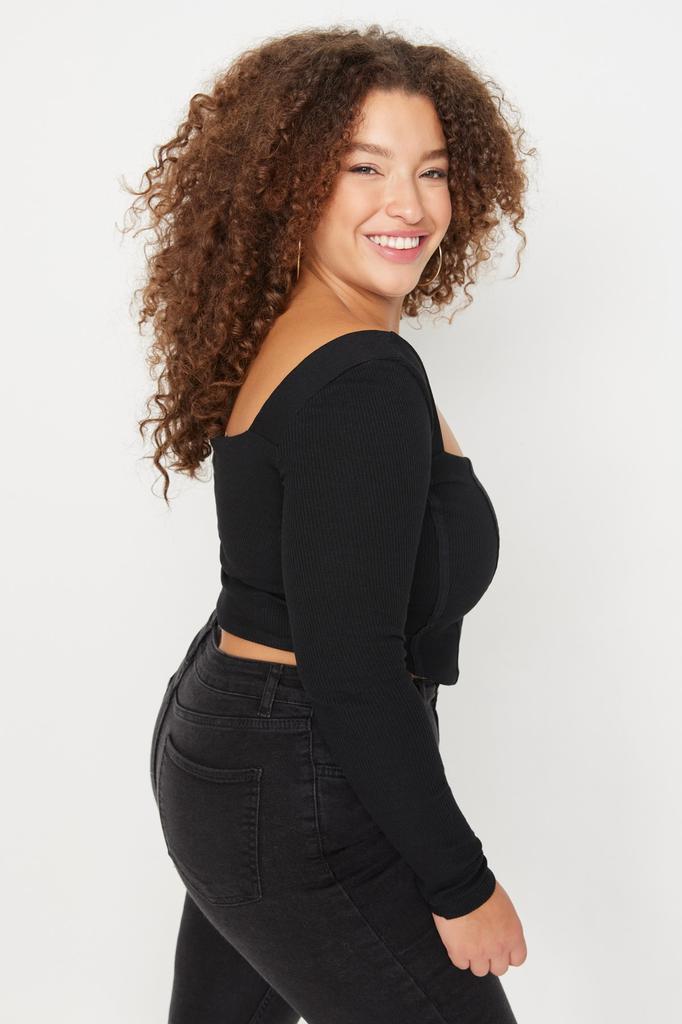 Women's Fashion New Plus Big Size Blouse Black Corduroy Bias Detailed Knitted Blouse