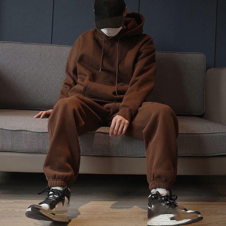 Осенне-зимний модный худи-костюм для пар с плюшевой подкладкой теперь повседневный, свободного кроя, с длинными рукавами.