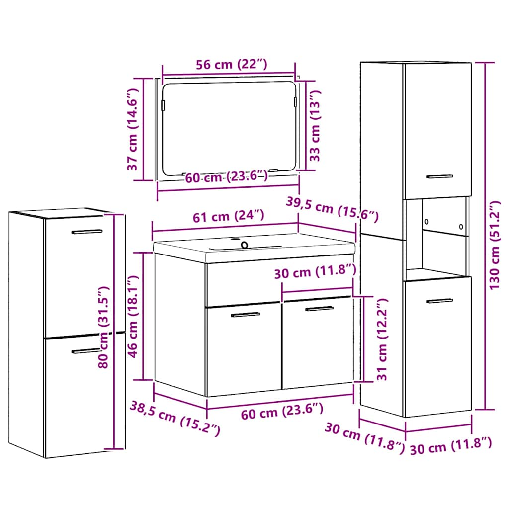 Bathroom Furniture Set 5 Pieces Brown 60 x 38.5 x 46 cm