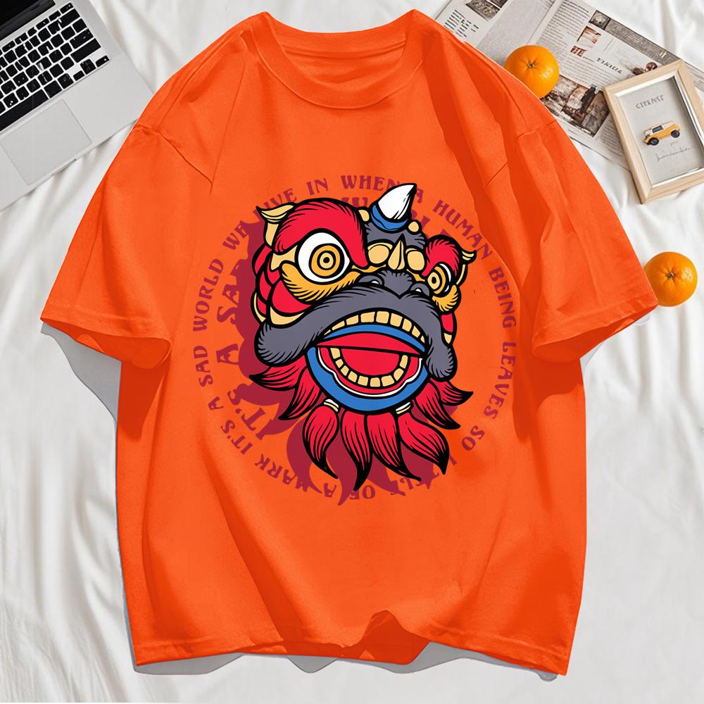 Энергичные принты головы танцующего льва Мужская футболка Хип-хоп с круглым вырезом и коротким рукавом Хлопковая повседневная футболка Оверсайз Летний топ