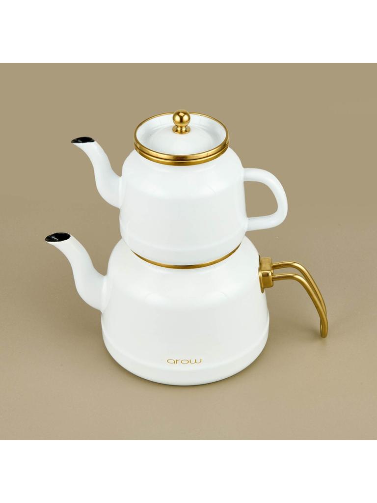 Белый и золотой эмалированный чайник - 2,5 л + 1,1 л