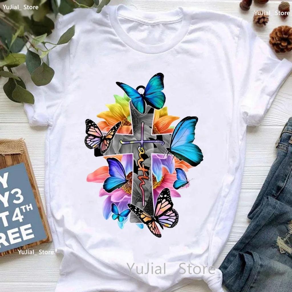 Faith Jesus Print T Shirt Women'S Clothing Beautiful Butterfly Flowers Tshirt Girls Summer Fashion Tops Tee Shirt Femme Tops