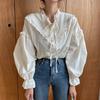 2023 Vintage Casual Elegant Tops Women Hollow Out Women Shirts Solid Long Sleeve Korean Style Bow Loose Blouses Blusas 9580