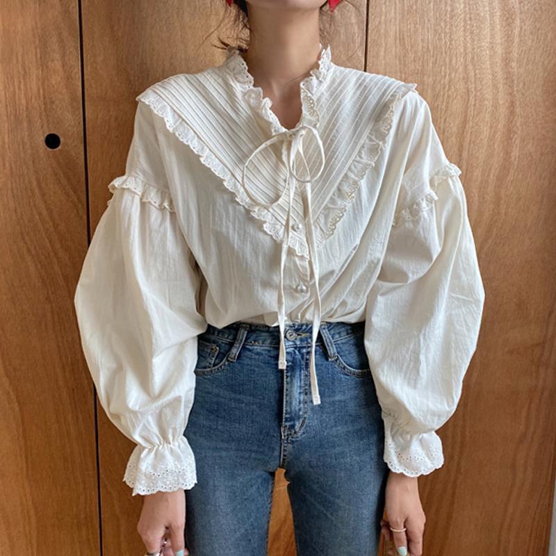 2023 Vintage Casual Elegant Tops Women Hollow Out Women Shirts Solid Long Sleeve Korean Style Bow Loose Blouses Blusas 9580