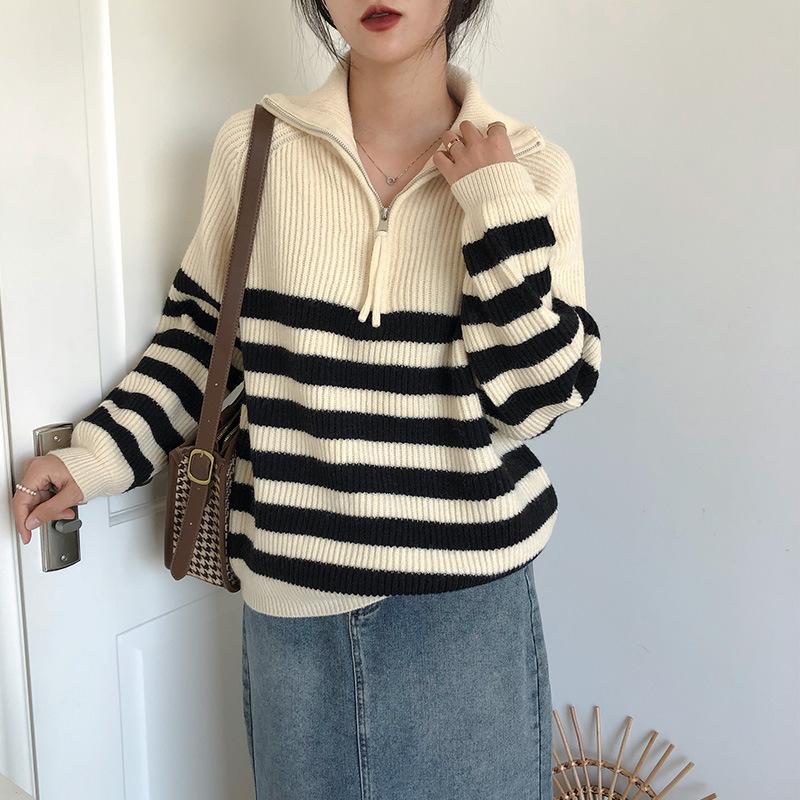 Fashion Lazy Han Fu Antique Version Turtleneck Contrasting Stripes Half Zipper Pullover Sweater Women's Autumn and Winter Wear Versatile Models