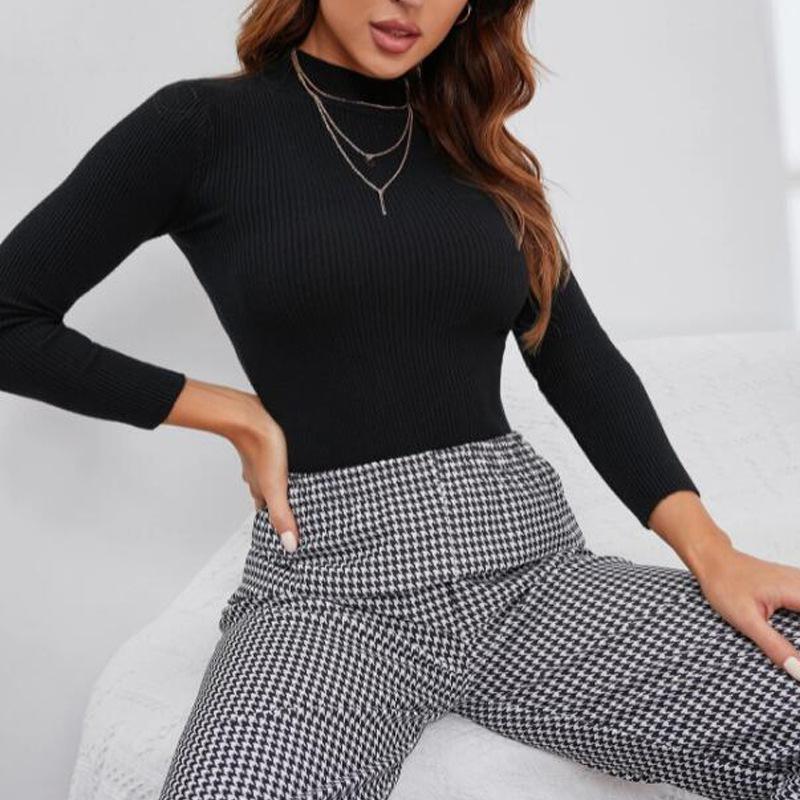 Женский трикотаж с длинным рукавом, однотонный ребристый вязаный свитер, блузка, джемперы, повседневный тонкий пуловер, топ