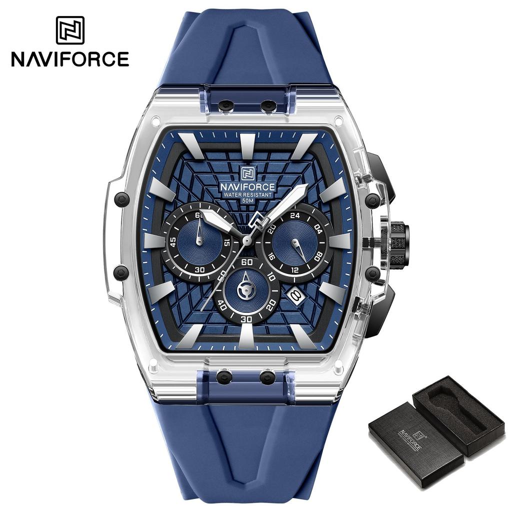 Naviforce Оригинальные мужские спортивные часы-хронограф Кварцевый механизм Силиконовый ремешок Водонепроницаемость 50 м Светящиеся стрелки Легкие мужские повседневные часы NF6113